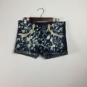 Bleached dark wash rolled raw hem jean shorts